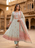 Pastel Blue Linen Anarkali Suit Set with Dupatta