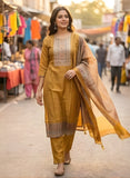 Antique Mustard Pure Viscose Kurta Set with Hand-Embroidered Neckline