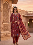 Deep Maroon Cotton Ethnic Kurta Pant Dupatta Set Geetha Creation