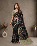 Black Floral Embroidered Semi Tussar Saree with Contrast Blouse Piece Geetha Creation