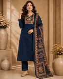 Navy Blue Cotton Silk Straight Kurta Set with Embroidered Yoke & Dupatta Geetha Creation