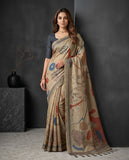 Beige Semi Tussar Saree with Abstract Floral Motifs & Tassel Border Geetha Creation