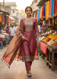 Vintage Rosewood Pure Viscose Kurta Set with Hand-Embroidered Neckline