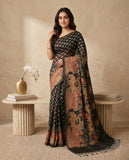 Black Semi Tussar Saree with Ethnic Border and Tassel Detail Blouse Piece Geetha Creation