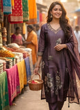 Deep Plum Pure Viscose Kurta Set with Hand-Embroidered Neckline