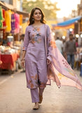 Soft Lilac Pure Viscose Hand-Embroidered Kurta Set