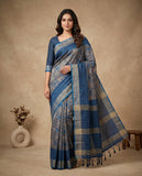Blue & Grey Semi Tussar Saree with Woven Ethnic Motifs and Tassel Border Geetha Creation