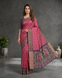 Semi Tussar Woven Saree with Ethnic Border & Unstitched Blouse Piece