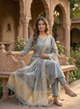 Inaya Slate Blue Soft Tissue Leaf Print Kurta Set Geetha Creation