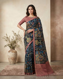 Navy Blue Semi Tussar Saree with Paisley Floral Design and Tassel Border Geetha Creation