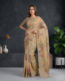 Beige Semi Tussar Saree with Artistic Floral Motifs & Tassel Border Geetha Creation