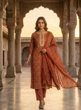 Rust Gold Printed Cotton Kurta Set with Dupatta Geetha Creation