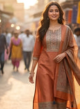Burnt Terracotta Pure Viscose Kurta Set with Hand-Embroidered Neckline