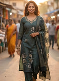 Forest Teal Pure Viscose Kurta Set with Hand-Embroidered Neckline
