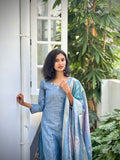 Glittering Blue Soft Tussar Tissue Ready To Wear Kurti Set Geetha Creation