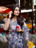 Grey with Frosty Floral Organza Pure Hand work Saree