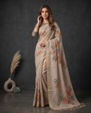 Beige Floral Semi Tussar Saree with Tassel Border and Blouse Piece Geetha Creation
