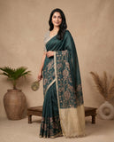 Teal Green Semi Tussar Saree with Woven Floral Border & Tassel Pallu Geetha Creation