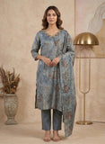 Inaya Slate Blue Soft Tissue Leaf Print Kurta Set