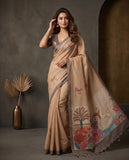 Beige Semi Tussar Saree with Checked Weave & Swan Pallu Design Geetha Creation
