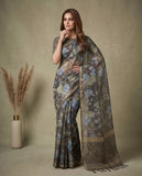 Semi Tussar Woven Saree with Ethnic Border & Unstitched Blouse Piece Geetha Creation