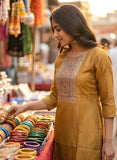 Antique Mustard Pure Viscose Kurta Set with Hand-Embroidered Neckline