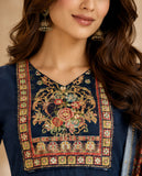 Navy Blue Cotton Silk Straight Kurta Set with Embroidered Yoke & Dupatta Geetha Creation