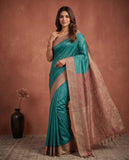 Teal Blue Semi Tussar Saree with Woven Border and Unstitched Blouse Piece Geetha Creation