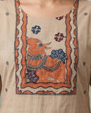 Beige Cotton Kurta Pant Dupatta Set with Folk Art Motifs & 3/4th Sleeves Geetha Creation
