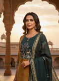 Women Mustard & Teal Green Pure Viscose Hand-Embroidered Kurta Set