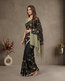 Black Floral Embroidered Semi Tussar Saree with Contrast Blouse Piece Geetha Creation