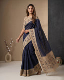 Navy Blue Semi Tussar Saree with Ethnic Motif Border & Unstitched Blouse Geetha Creation