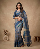 Blue & Grey Semi Tussar Saree with Woven Ethnic Motifs and Tassel Border Geetha Creation