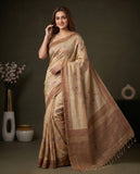 Beige Semi Tussar Saree with Floral Woven Design and Blouse Piece Geetha Creation