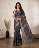 Navy Blue Semi Tussar Saree with Geometric Stripes & Tassel Border Geetha Creation