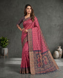 Semi Tussar Woven Saree with Ethnic Border & Unstitched Blouse Piece Geetha Creation