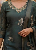 Forest Teal Pure Viscose Kurta Set with Hand-Embroidered Neckline
