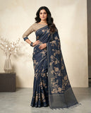 Navy Blue Floral Semi Tussar Saree with Tassel Border & Blouse Piece Geetha Creation