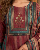 Maroon Striped Cotton Kurta Set with Floral Dupatta & Straight Pants Geetha Creation