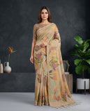 Beige Semi Tussar Saree with Artistic Floral Motifs & Tassel Border Geetha Creation