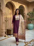 Vanya Wine Viscose Silk Hand-Block Print Kurta Set Geetha Creation