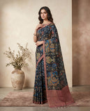 Navy Blue Semi Tussar Saree with Paisley Floral Design and Tassel Border Geetha Creation