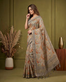Grey & Beige Semi Tussar Saree with Floral Motifs and Tassel Border Geetha Creation