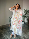 Pure White Abstract Floral Linen Ready to Wear Pure Cotton Kurti Set Geetha Creation