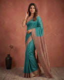 Teal Blue Semi Tussar Saree with Woven Border and Unstitched Blouse Piece Geetha Creation