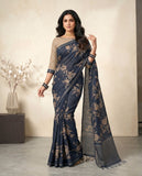 Navy Blue Floral Semi Tussar Saree with Tassel Border & Blouse Piece Geetha Creation