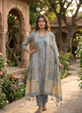 Inaya Slate Blue Soft Tissue Leaf Print Kurta Set Geetha Creation