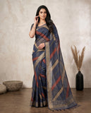 Navy Blue Semi Tussar Saree with Geometric Stripes & Tassel Border Geetha Creation