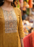 Antique Mustard Pure Viscose Kurta Set with Hand-Embroidered Neckline