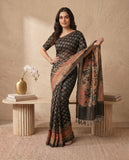 Black Semi Tussar Saree with Ethnic Border and Tassel Detail Blouse Piece Geetha Creation
